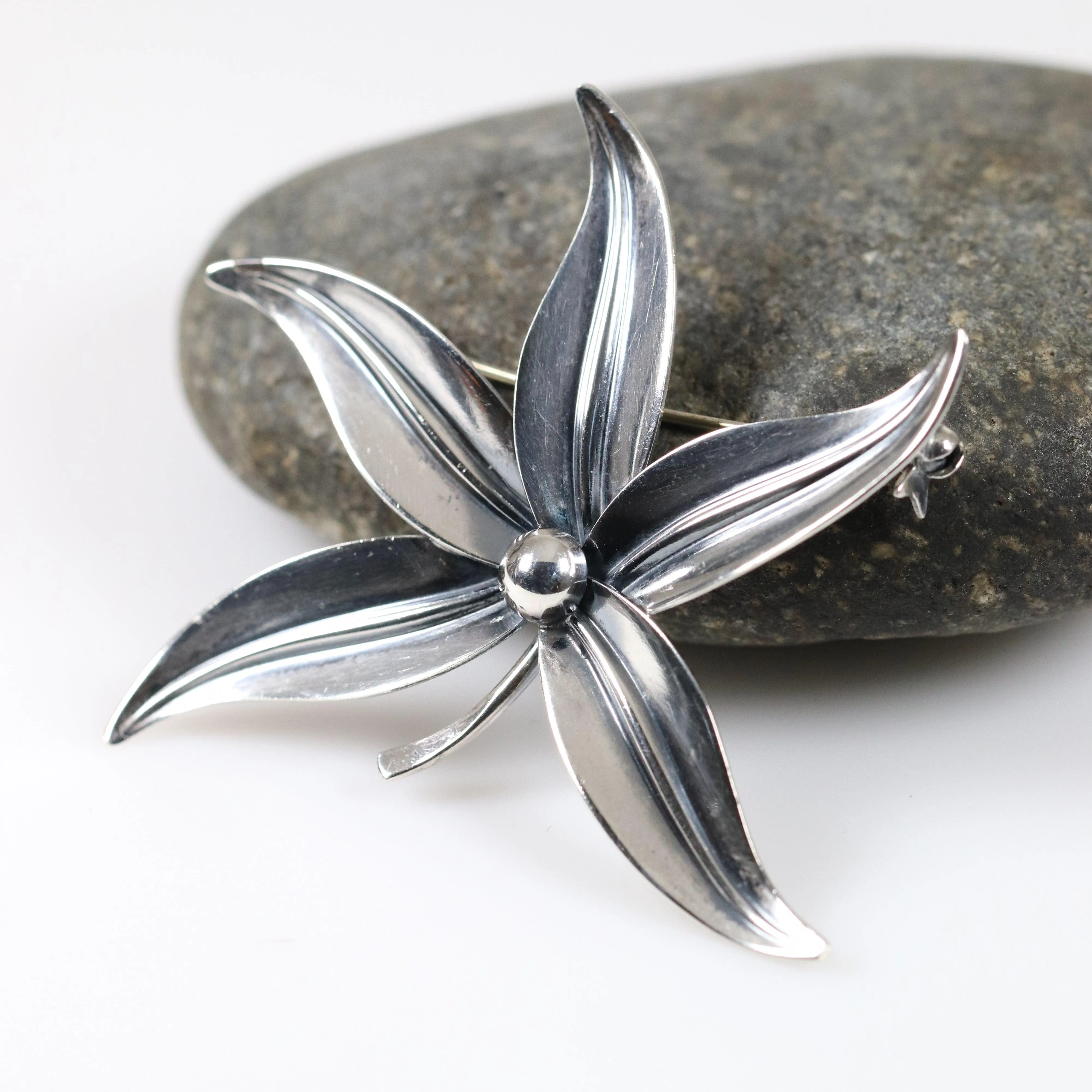 Vintage NE From Sterling Silver Jewelry | Large Floral Brooch Denmark