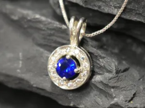 Vintage Sapphire Pendant - Round Sapphire Necklace - Blue Halo Necklace