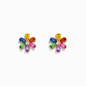 Watercolors 14K Gold Multi Sapphire and Diamond Flower Stud Earrings