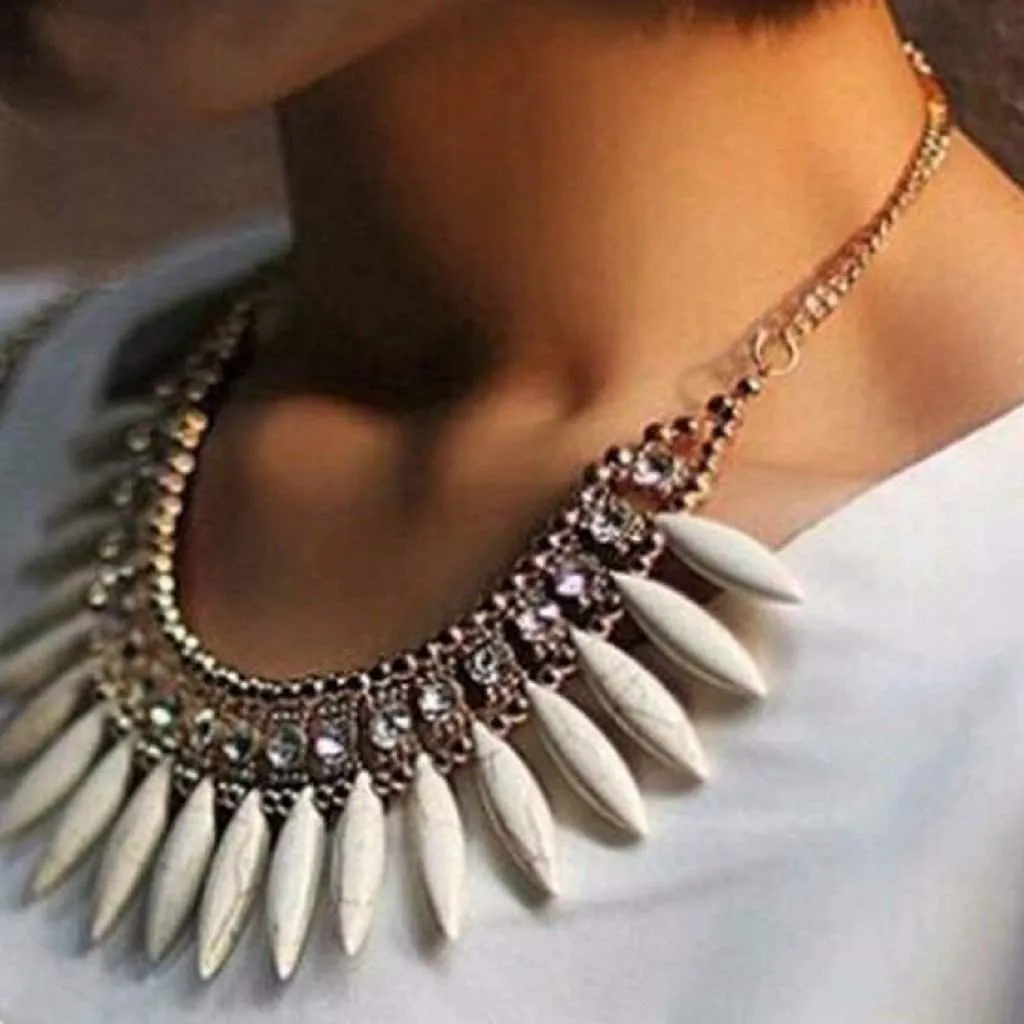 White Stone Fringe Beaded Collar Necklace