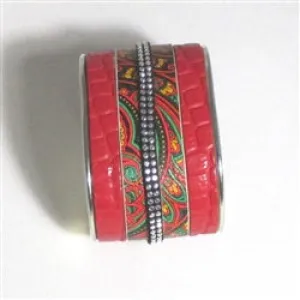 Wide Red Leather Cuff Bracelet Silver Bangle