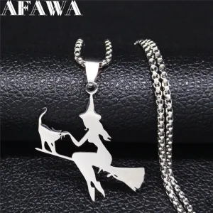 Witch Broom Cat Stainless Steel Necklace Women Witchcraft Silver Color Witches&#39; Pagan Wiccan Necklaces Jewelry colgantes N1050S2