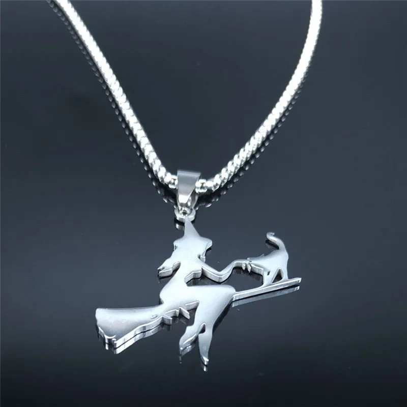 Witch Broom Cat Stainless Steel Necklace Women Witchcraft Silver Color Witches&#39; Pagan Wiccan Necklaces Jewelry colgantes N1050S2