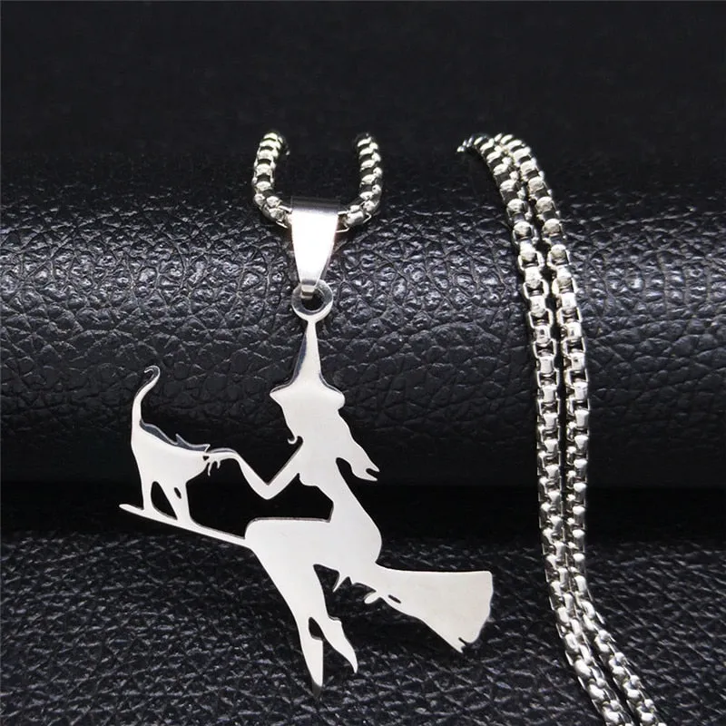 Witch Broom Cat Stainless Steel Necklace Women Witchcraft Silver Color Witches&#39; Pagan Wiccan Necklaces Jewelry colgantes N1050S2