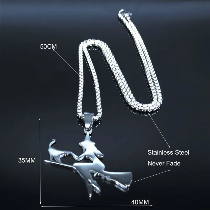 Witch Broom Cat Stainless Steel Necklace Women Witchcraft Silver Color Witches&#39; Pagan Wiccan Necklaces Jewelry colgantes N1050S2