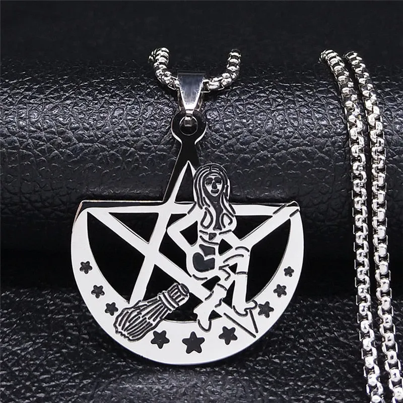 Witch Broom Cat Stainless Steel Necklace Women Witchcraft Silver Color Witches&#39; Pagan Wiccan Necklaces Jewelry colgantes N1050S2