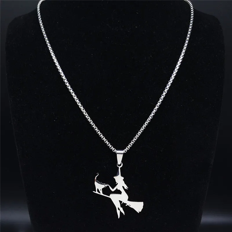 Witch Broom Cat Stainless Steel Necklace Women Witchcraft Silver Color Witches&#39; Pagan Wiccan Necklaces Jewelry colgantes N1050S2