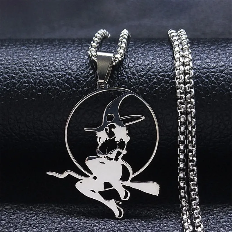 Witch Broom Cat Stainless Steel Necklace Women Witchcraft Silver Color Witches&#39; Pagan Wiccan Necklaces Jewelry colgantes N1050S2