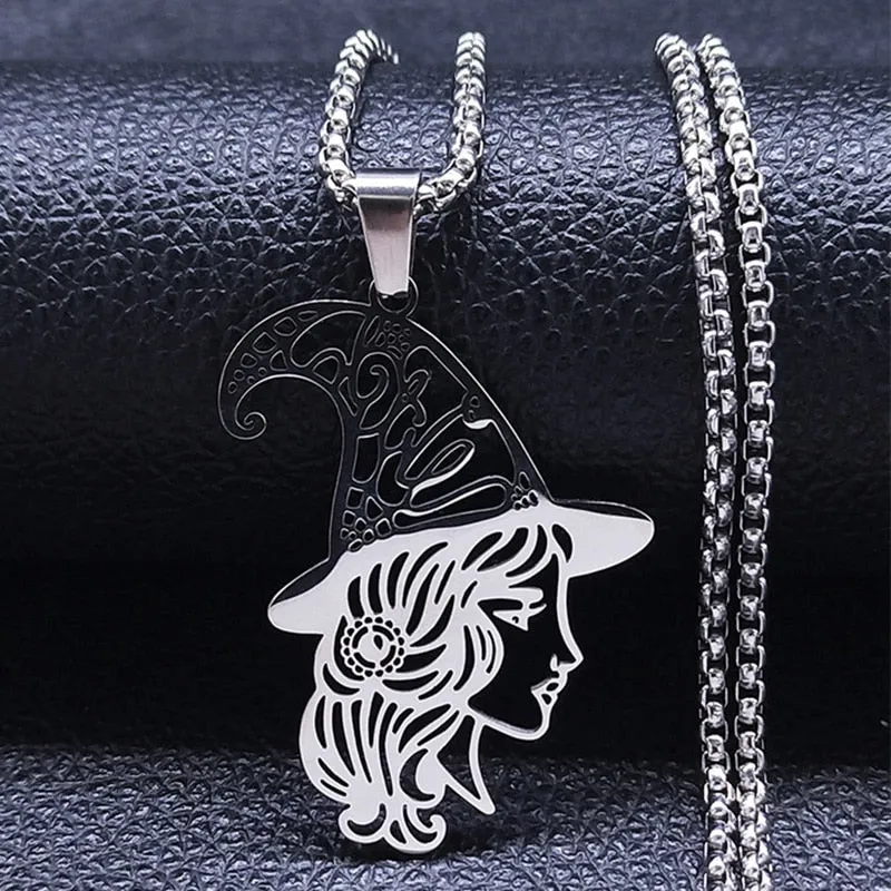 Witch Broom Cat Stainless Steel Necklace Women Witchcraft Silver Color Witches&#39; Pagan Wiccan Necklaces Jewelry colgantes N1050S2