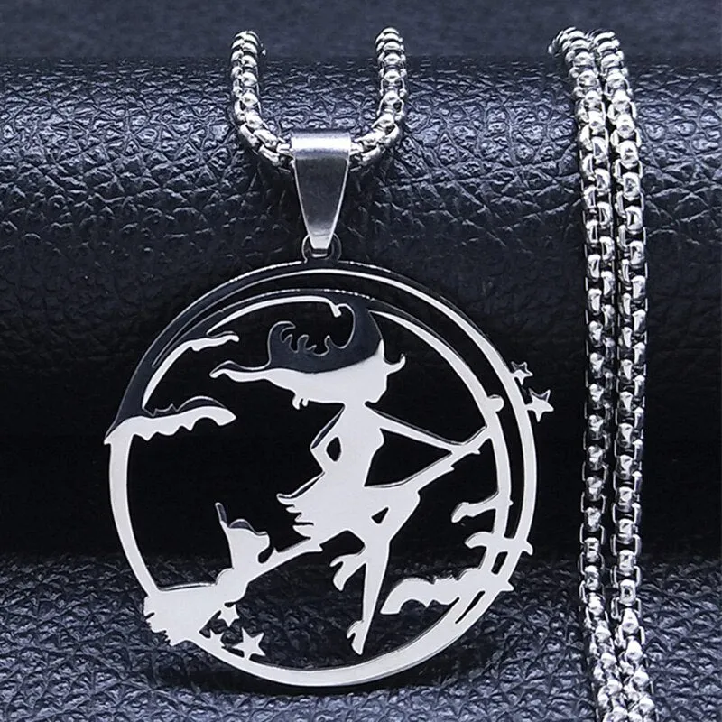 Witch Broom Cat Stainless Steel Necklace Women Witchcraft Silver Color Witches&#39; Pagan Wiccan Necklaces Jewelry colgantes N1050S2