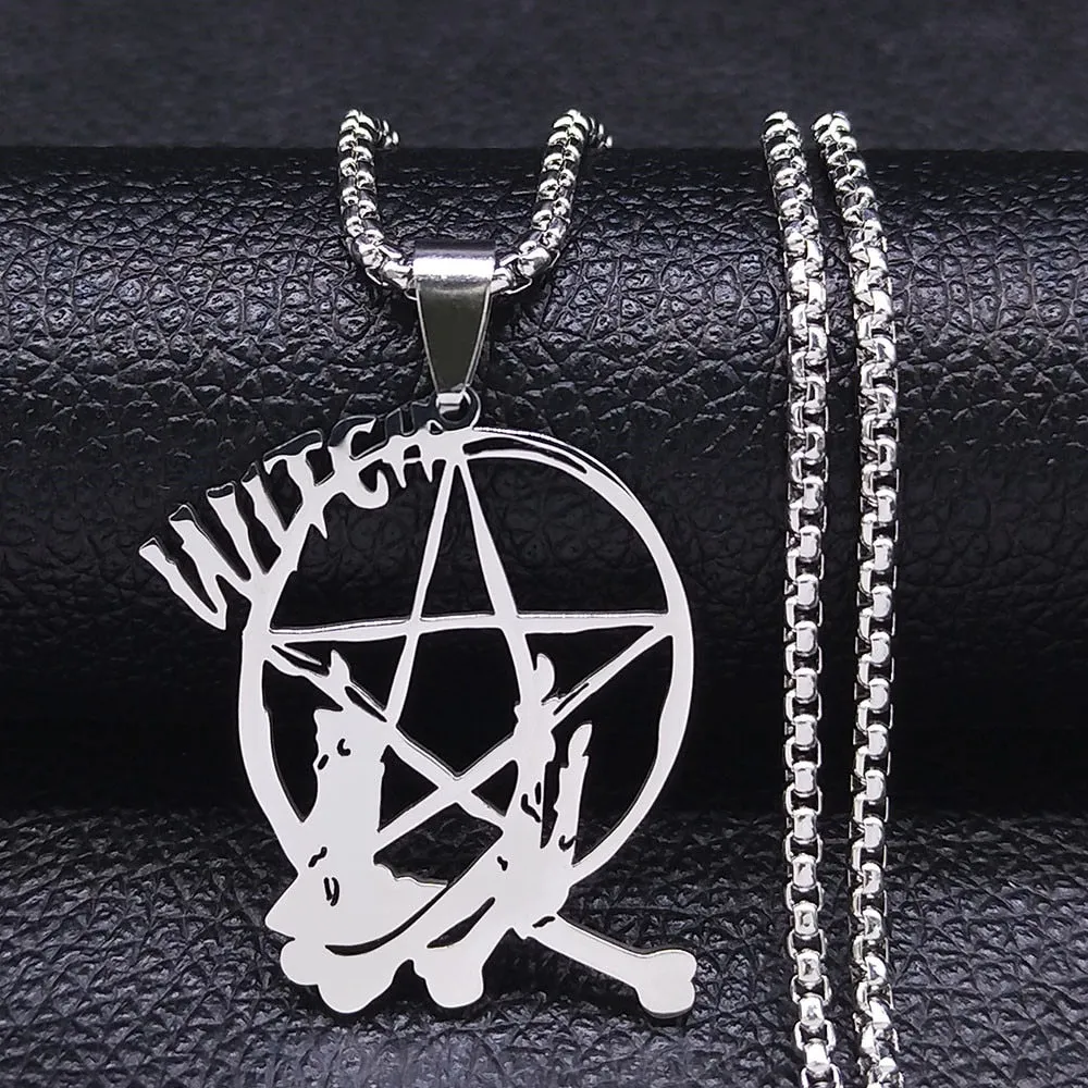 Witch Broom Cat Stainless Steel Necklace Women Witchcraft Silver Color Witches&#39; Pagan Wiccan Necklaces Jewelry colgantes N1050S2